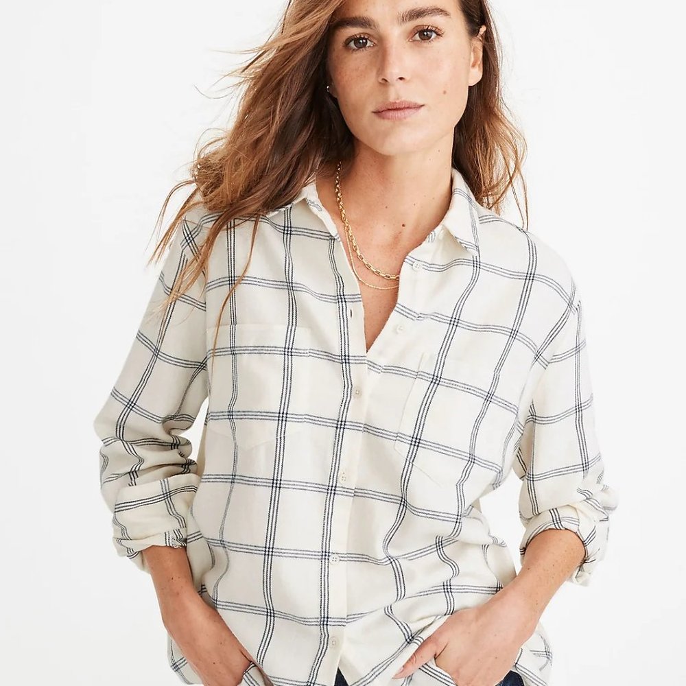 Madewell oversized Flannel Sunday Shirt Windowpane ivory blue SMALL pockets